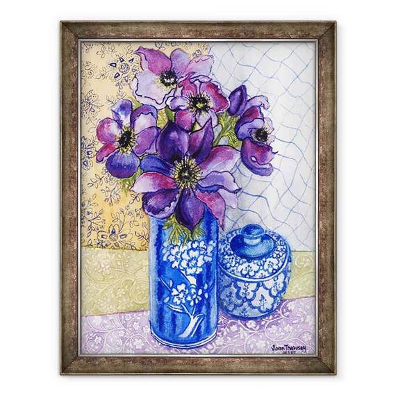 Tablou inramat - Joan Thewsey - Anemone intr-o vaza albastra si alba cu oala si textile 2012 - - Roveli
