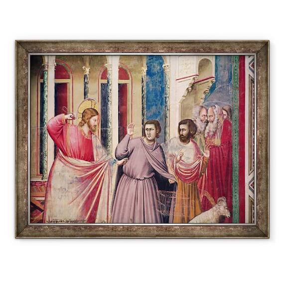 Tablou inramat - Giotto di Bondone - Isus ii urmareste pe negustori din Templu, detaliu al lui Hristos si doi negustori - - Roveli