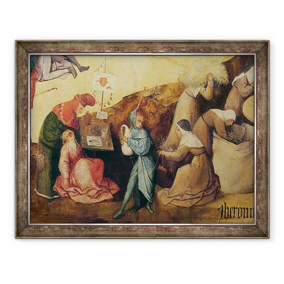 Tablou inramat - Hieronymus Bosch - Puller de dinti, cimpoi jucator si colectoare de lemn, detaliu al panoului central al Haywain Triptych - - Roveli