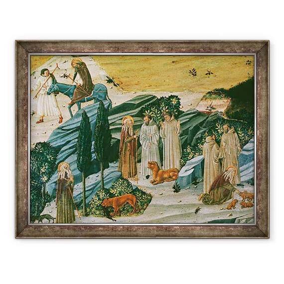 Tablou inramat - Scoala Toscana - Sfantul Gerasimus in desertul Thebaid cu leul pe care l-a imblanzit indepartand un ghimpe din laba sa - - Roveli