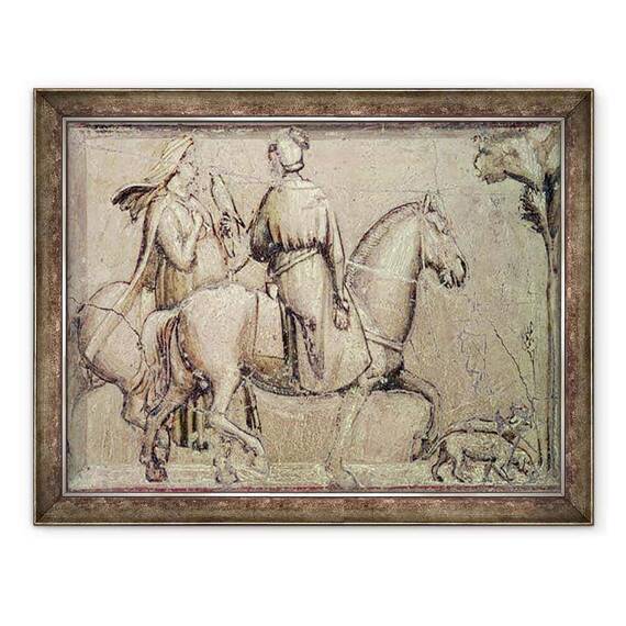 Tablou inramat - Giotto di Bondone - Alegorie de Justitie, inainte de restaurare detaliu a doi calareti care pleaca la vanatoare cu un soim - - Roveli
