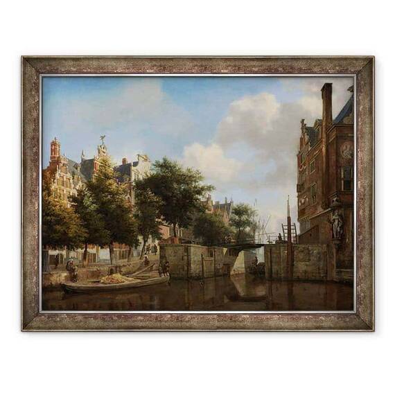 Tablou inramat - Jan van der Heyden - Amsterdam City View cu case pe Herengracht si Haarlemmersluis vechi - - Roveli