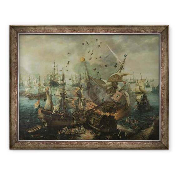 Tablou inramat - Cornelis Claesz van Wieringen - Explozia navei emblematice spaniole in timpul bataliei de la Gibraltar - - Roveli