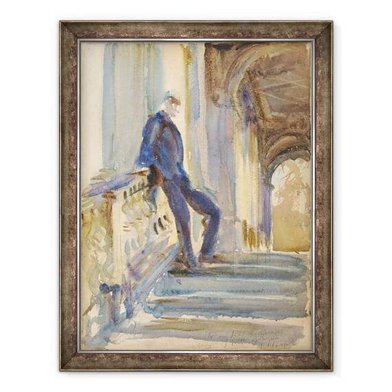 Tablou inramat - John Singer Sargent - Sir Neville Wilkinson pe treptele podului Palladian de la Wilton House - - Roveli