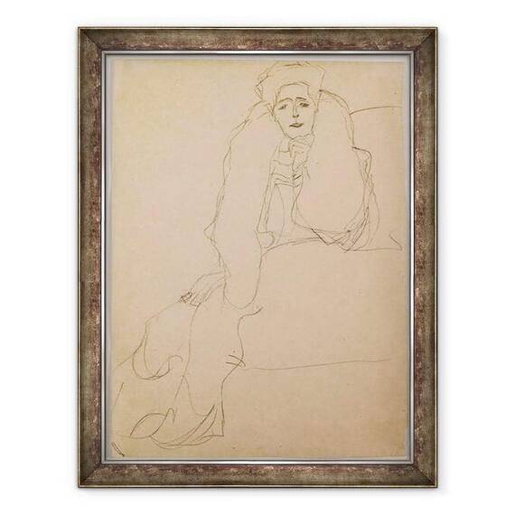 Tablou inramat - Gustav Klimt - asezat la stanga, partea superioara a corpului inclinat inainte, link-uri Sitzend nach, den Oberkorper nach vorne, die Linke aufgestutzt - - Roveli