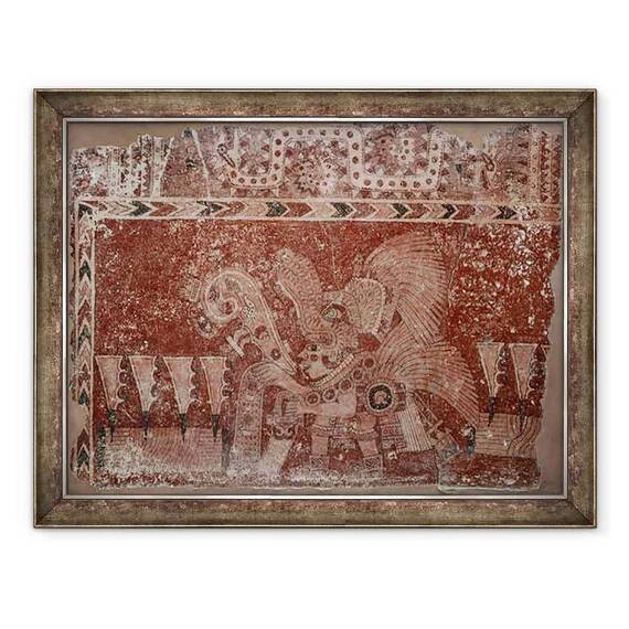 Tablou inramat - Scoala Mexicana - Fragment de pictura murala cu frunze de cactus masculi si Maguey, stil Teotihuacán, perioada clasica - - Roveli