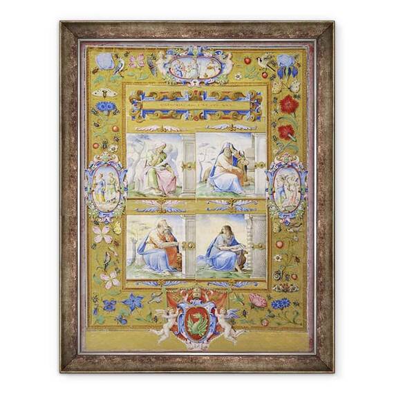 Tablou inramat - Giorgio-Giulio Clovio - Cei patru evanghelisti, intr-o granita de flori, pasari si insecte - - Roveli