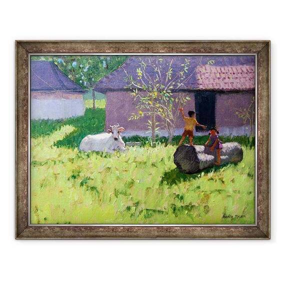 Tablou inramat - Andrew Macara - VACa ALBa sI DOI COPII, INSULA MANKOTTA, KERALA - - Roveli