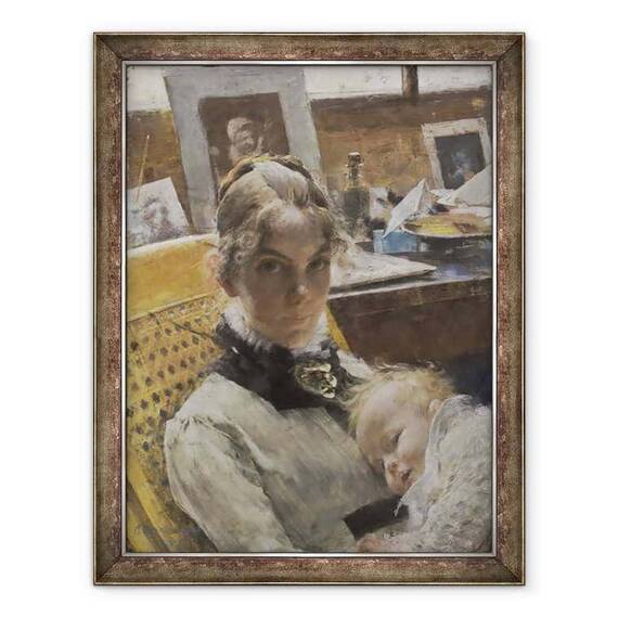 Tablou inramat - Carl Larsson - O idila Studio, Sotia artistului si fiica lor Suzanne - - Roveli