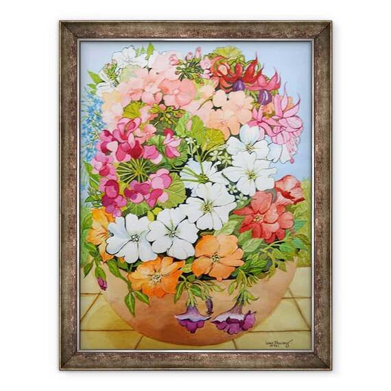 Tablou inramat - Joan Thewsey - Petunii, Geraniums si Fuchsia intr-o oala cu terasa, 2005 - - Roveli