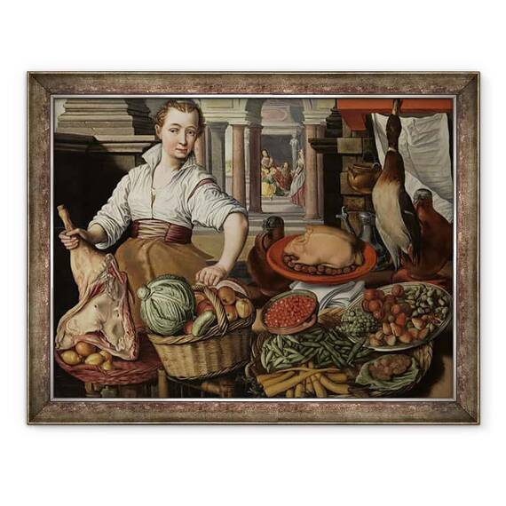 Tablou inramat - Joachim Beuckelaer - Scene bucatarie, cu Isus in casa Marta si Maria in fundal - - Roveli