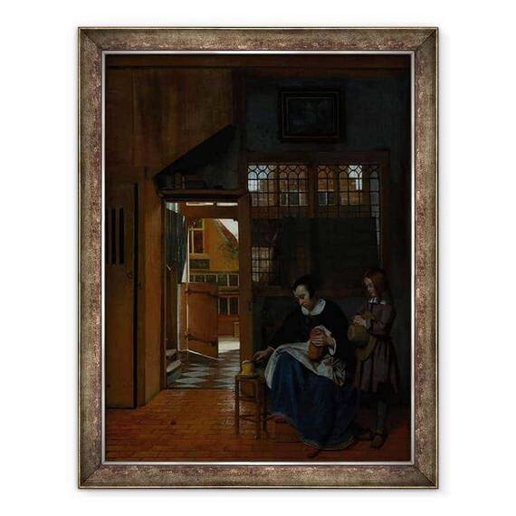 Tablou inramat - Pieter de Hooch - O femeie pregateste paine si unt pentru un baiat - - Roveli