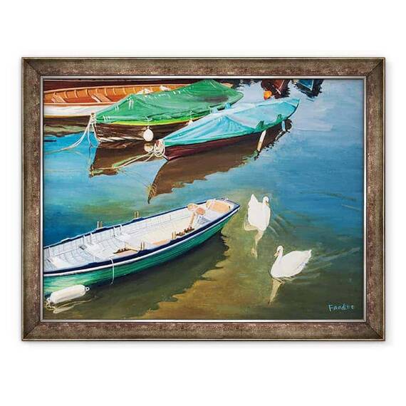 Tablou inramat - Tony Fandino - Barci pe Tamisa la Richmond cu lebede - - Roveli