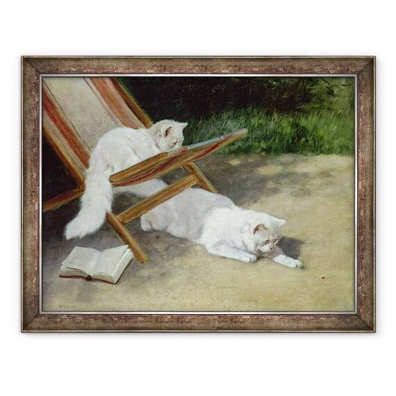 Tablou inramat - Arthur Heyer - Doua pisici albe persane cu o Ladybird de un sezlong - - Roveli