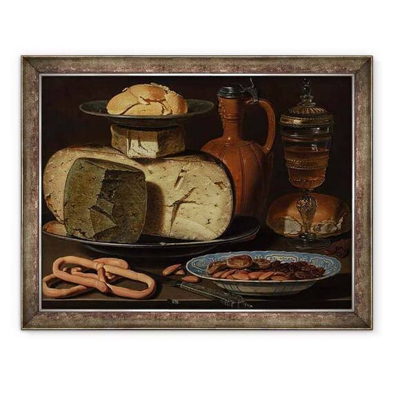Tablou inramat - Clara Peeters - Natura moarta cu branzeturi, migdale si covrigei - - Roveli