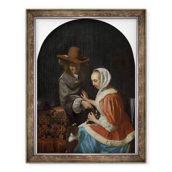 Tablou inramat - Frans van Mieris - Barbat si femeie cu doi caini, cunoscut sub numele de Teasing the Pet - - Roveli