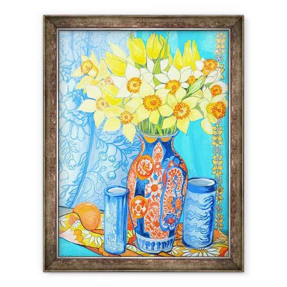 Tablou inramat - Joan Thewsey - Narcisele si lalele intr-o vaza Imani, portocale si textile - - Roveli