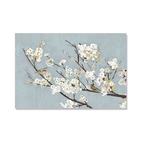 Tablou Canvas - Pasari pe crengi II, Flori, Alb, Albastru, Marime: 80 x 120 cm - - Roveli