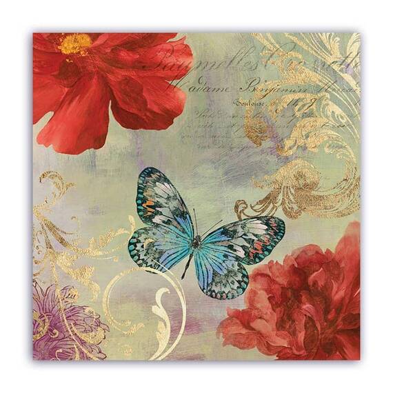 Tablou Canvas - Regal, Flori, Bujori, Fluture, Marime: 60 x 60 cm - - Roveli