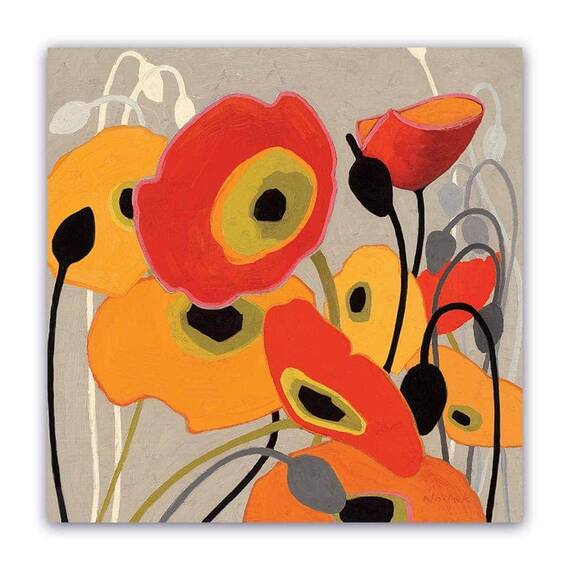 Tablou Canvas - Floral, Vintage, Papadie, Rosu, Galben, Marime: 60 x 60 cm - - Roveli