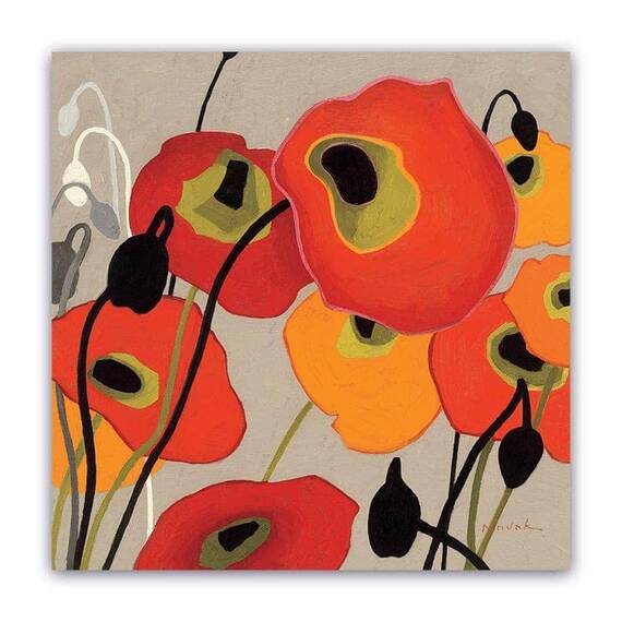 Tablou Canvas - Floral, Vintage, Papadii, Rosu, Galben, Marime: 60 x 60 cm - - Roveli