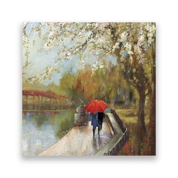 Tablou Canvas - Oameni, Plimbare, Lac, Umbrela, Rosu, Marime: 60 x 60 cm - - Roveli