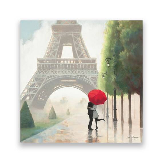 Tablou Canvas - Paris, Turnul Eiffel, Romantic, Cuplu, Umbrela, Rosu, Marime: 60 x 60 cm - - Roveli