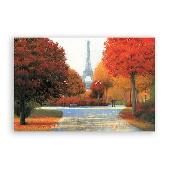 Tablou Canvas - Franta, Paris, Turnul Eiffel, Oras, Cladiri, Oameni, Frunze,Toamna, Pictura, Marime: 80 x 120 cm - - Roveli