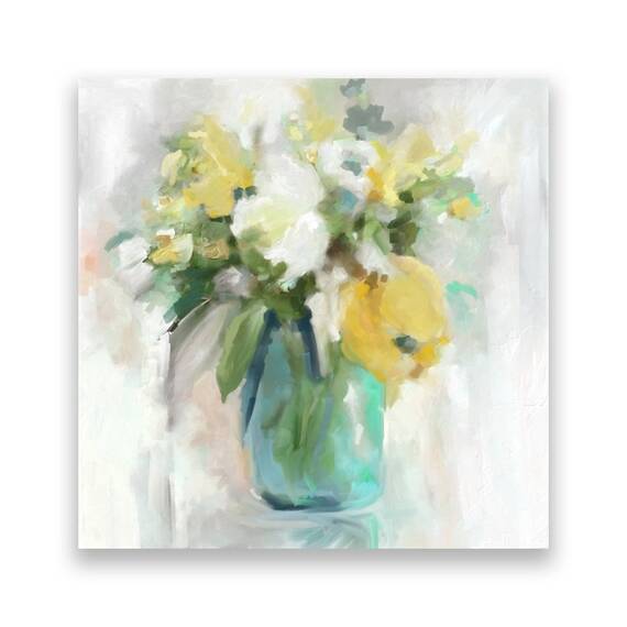 Tablou Canvas - Floral, Flori, Bujori, Vaza, Pictura, Galben - - Roveli