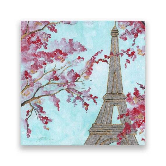 Tablou Canvas - Paris, Oras, Turnul Eiffel, Flori de cirese, Pictura, Primavara, Romantic, Marime: 60 x 60 cm - - Roveli