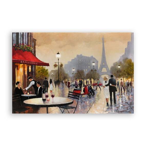 Tablou Canvas - Franta, Paris, Turnul Eiffel, Oras, Cladiri, Oameni, Romantic, Iubire, Toamna, Pictura, Marime: 80 x 120 cm - - Roveli