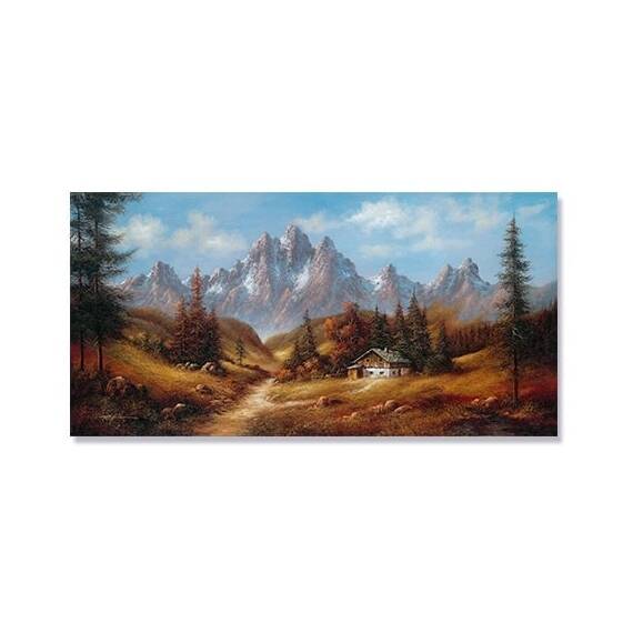 Tablou Canvas - Peisaj, Munte, Copaci, Casuta, Toamna, Marime: 50 x 100 cm - - Roveli