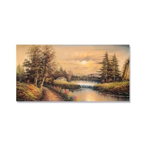 Tablou Canvas - Peisaj, Cascada, Dealuri, Copaci, Casuta, Toamna, Marime: 50 x 100 cm - - Roveli