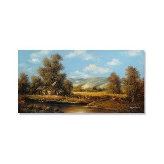 Tablou Canvas - Peisaj, Rau, Dealuri, Copaci, Ferma, Toamna, Marime: 50 x 100 cm - - Roveli
