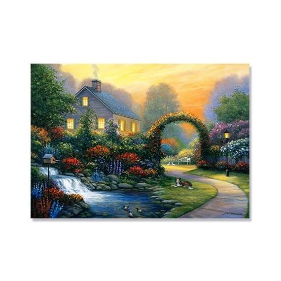 Tablou Canvas - Serenitate, Seara, Cascada, Casa, Marime: 60 x 80 cm - - Roveli