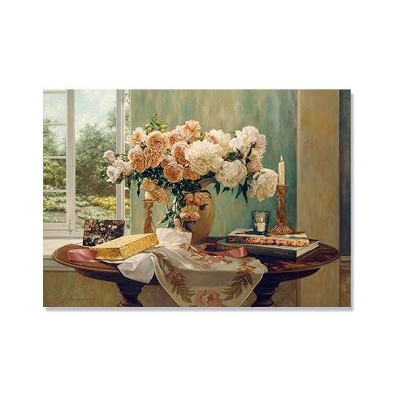 Tablou Canvas - Buchet de Trandafiri Roz, Vaza, Masa, Carti, Lumanare, Geam, Marime: 60 x 80 cm - - Roveli