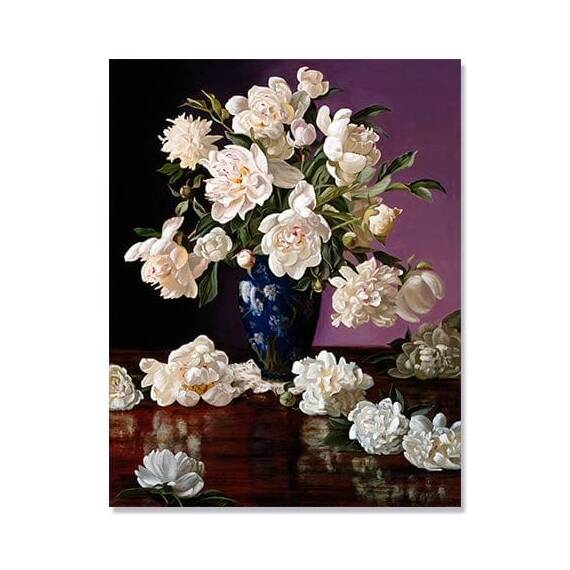 Tablou Canvas - Bujori Albi in Vaza Albastra Chinezeasca, Petale Mari, Retro, Marime: 60 x 75 cm - - Roveli