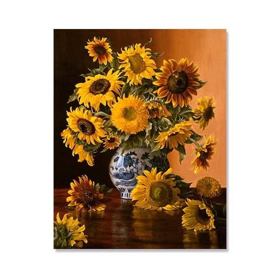 Tablou Canvas - Floarea Soarelui in Vaza Albastra, Marime: 60 x 75 cm - - Roveli