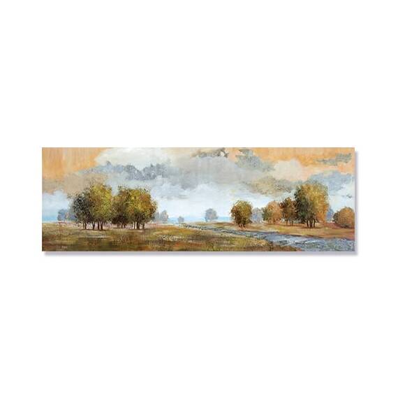 Tablou Canvas - Copaci pe Camp, Pictura, Peisaj cu Rau, Marime: 50 x 150 cm - - Roveli