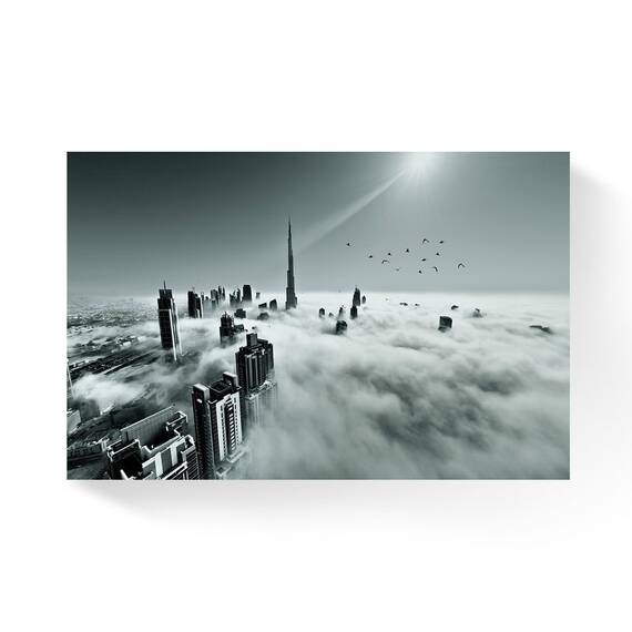 Tablou Canvas - Oras, Cladiri, Skyscraper, Nori, Soare, Alb/Nergru, Marime: 80 x 120 cm - - Roveli