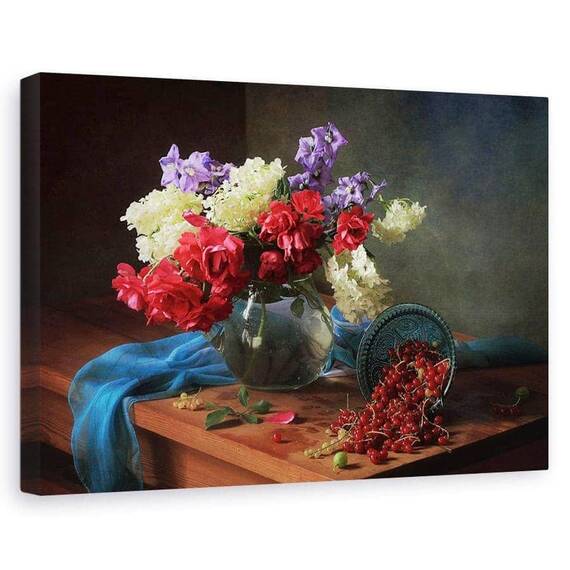 Tablou canvas - Natura moarta, Coacaze, Fructe De Padure, Flori - - Roveli