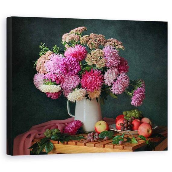 Tablou Canvas - Natura Moarta, Buchet, Flori,Mere, Fructe, Marime: 60 x 75 cm - - Roveli