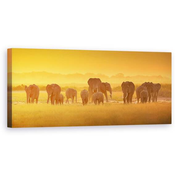 Tablou Canvas - Lumina Aurie, Elefanti, Turma, Fauna Salbatica, Apus De Soare - - Roveli
