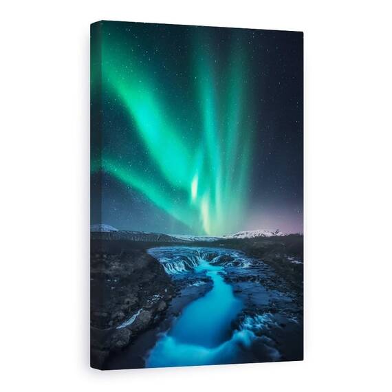Tablou Canvas - Verde Vs Albastru, Noapte, Aurora Borealis, Stea, Cascada, Rau, Marime: 80 x 120 cm - - Roveli