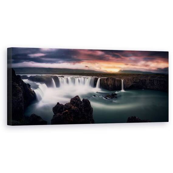 Tablou Canvas - Foc si Apa, Peisaj, Panorama, Islanda, Cascada, Stanca, Cer, Marime: 30 x 90 cm - - Roveli