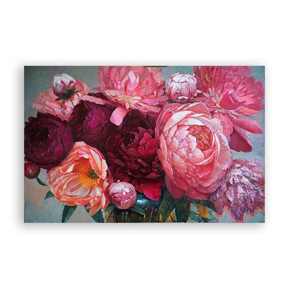 Tablou Canvas - Floral, Flori, Bujori, Primavara, Pictura, Marime: 80 x 120 cm - - Roveli