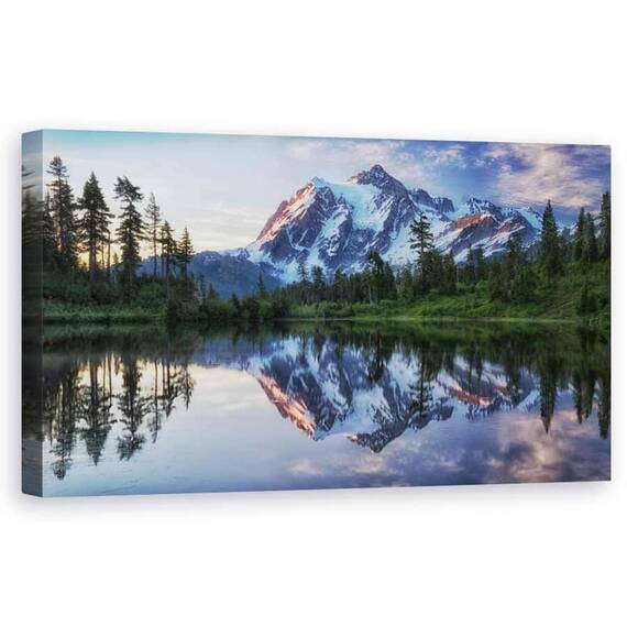 Tablou Canvas - Rasarit De Soare Pe Muntele Shuksan, Peisaj Marin, Apa, Reflectie, Oglinda, Pin, Marime: 50 x 100 cm - - Roveli