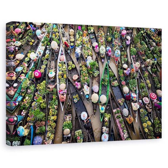 Tablou canvas - Pasar Terapung, Oameni, Barci, Comert, Alimente, Marime: 80 x 120 cm - - Roveli