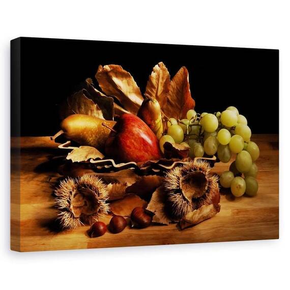 Tablou canvas - Natura moarta, Struguri, Mere, Frunze - - Roveli