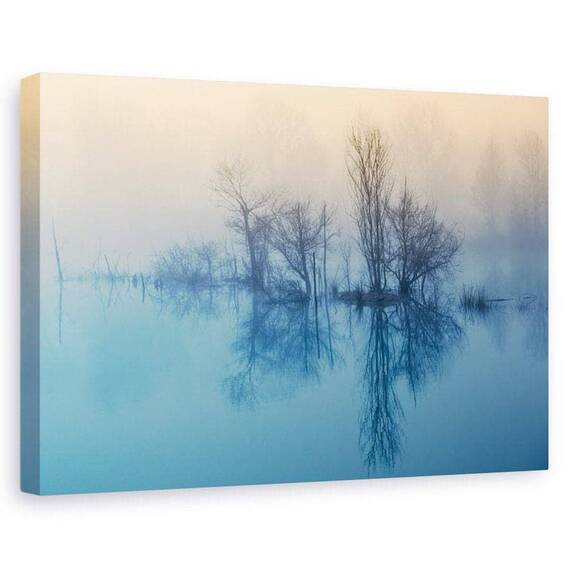 Tablou canvas - Reflectie matinala, Peisaj, Lac, Ceata, Albastru, Marime: 80 x 120 cm - - Roveli